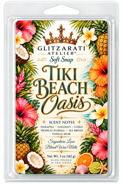 Tiki Beach Oasis | Signature Luxe Blend Wax Melt | Toasted Coconut, Tropical Orchids & Vanilla Musk | 5 oz Clamshell | Glitzarati Atelier™