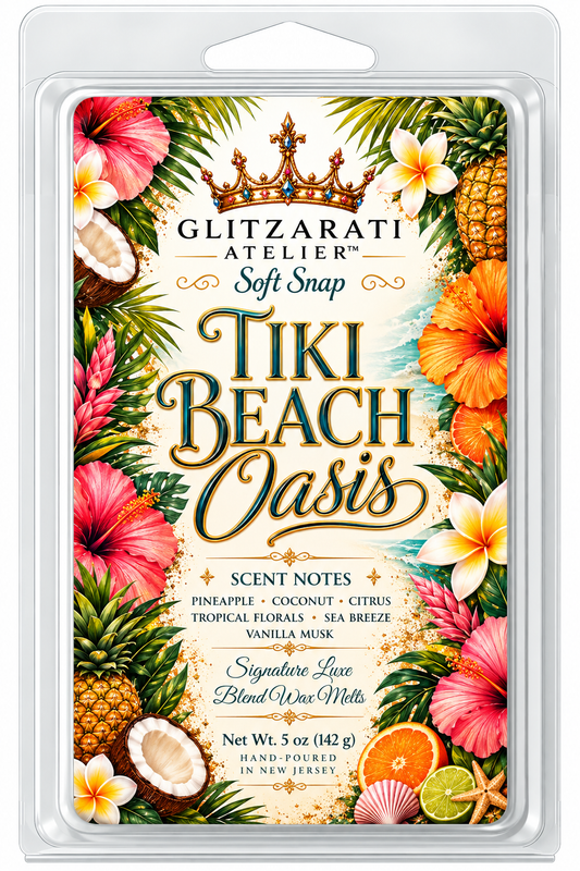 Tiki Beach Oasis | Signature Luxe Blend Wax Melt | Toasted Coconut, Tropical Orchids & Vanilla Musk | 5 oz Clamshell | Glitzarati Atelier™