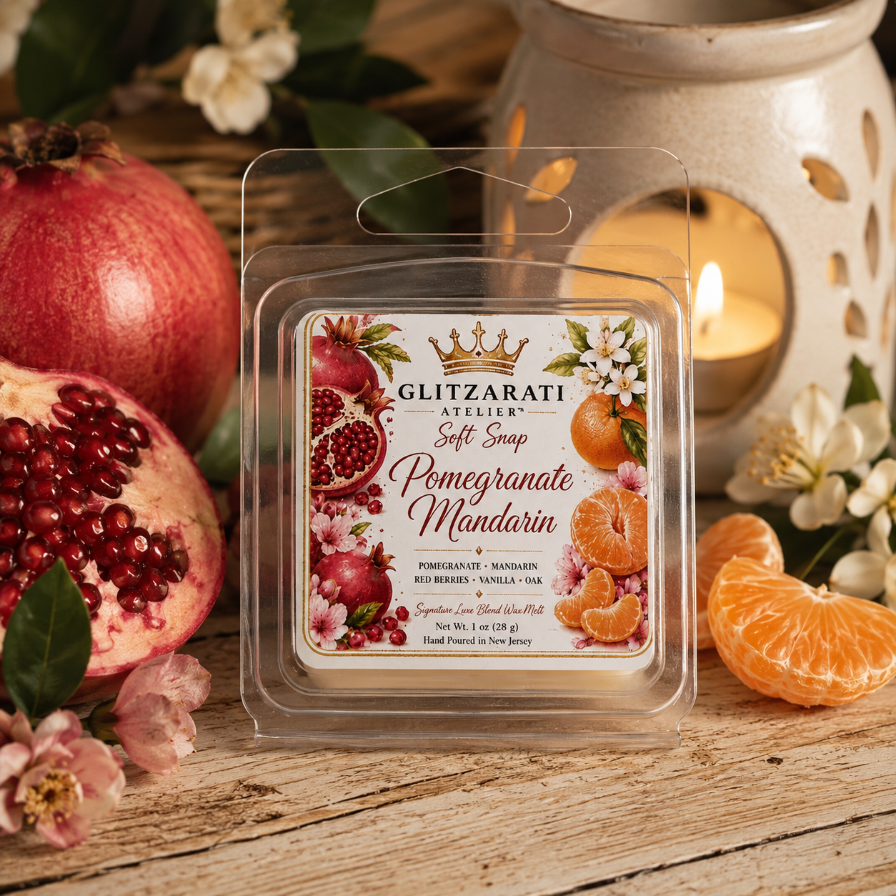 Pomegranate Mandarin | Signature Luxe Blend Wax Melt | Pomegranate, Sparkling Mandarin, Berries & Sheer Musk | 1 oz Clamshell | Glitzarati Atelier™