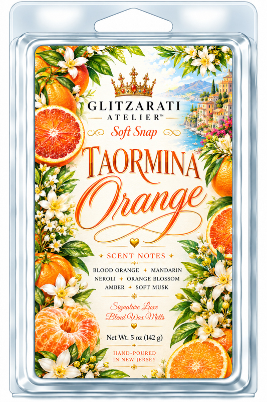 Taormina Orange | Signature Luxe Blend Wax Melt | Blood Orange, Green Mandarin & Citrus Woods | 5 oz Clamshell | Glitzarati Atelier™