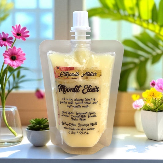 Packaged product with a label on a surface with flowers and plants in the background