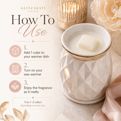White wax warmer with instructions on how to use it, surrounded by decorative elements.