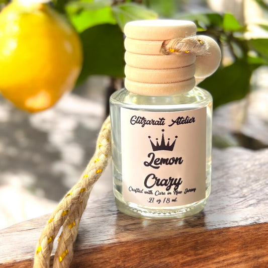Lemon Crazy Hanging Car Diffuser – Zesty Lemon, Lime & Bergamot Scent | 8ml Glass Freshener by Glitzarati Atelier