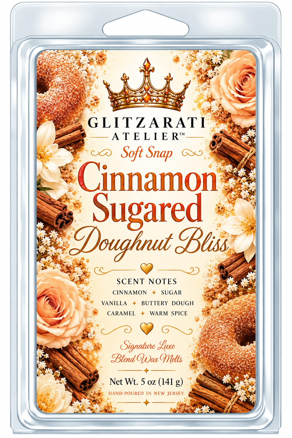 Cinnamon Sugared Doughnut Bliss | Signature Luxe Blend Wax Melt | Cinnamon Sugar, Warm Doughnut & Creamy Vanilla | 5 oz Clamshell | Glitzarati Atelier™