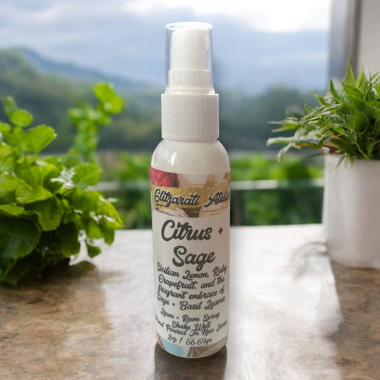 Linen & Room Fine Mist Spray – Citrus & Sage | Natural 2oz Odor Freshener | Glitzarati Atelier