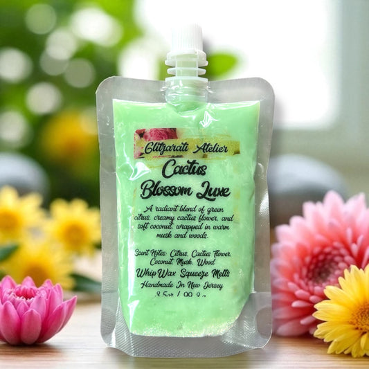 Green wax melt packaging with floral background