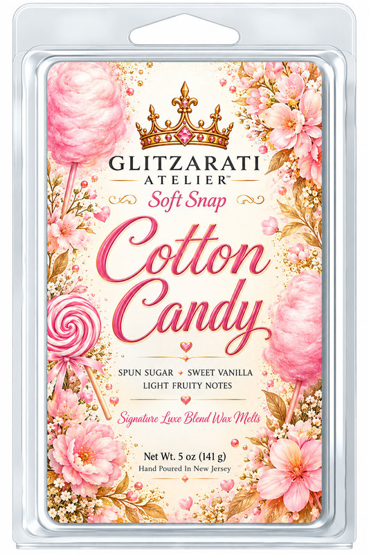 Cotton Candy | Signature Luxe Blend Wax Melt | Sweet Vanilla, Spun Sugar & Fruity Notes | 5 oz Clamshell | Glitzarati Atelier™