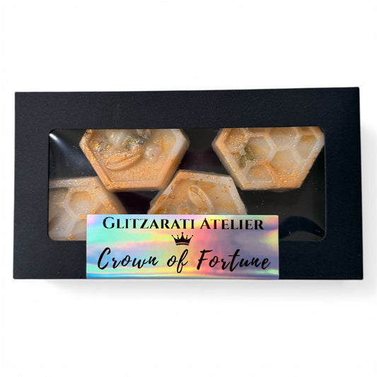 Sacred Crown™ Manifestation Bee Melts – Crown of Fortune | Frankincense, Myrrh, Bay Leaf & Calendula | Coconut Soy Wax | Set of 4 Bees | Net Wt. 2.8 oz | Glitzarati Atelier