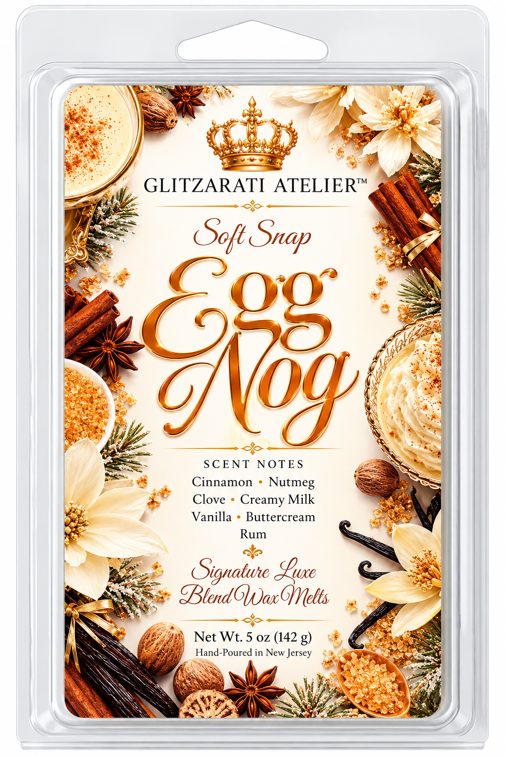 Egg Nog | Signature Luxe Blend Wax Melt | Creamy Eggnog, Sweet Milk & Warm Rum | 5 oz Clamshell | Glitzarati Atelier™