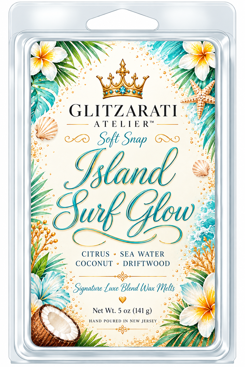 Island Surf Glow | Signature Luxe Blend Wax Melt | Sea Water, Coconut & Driftwood Musk | 5 oz Clamshell | Glitzarati Atelier™