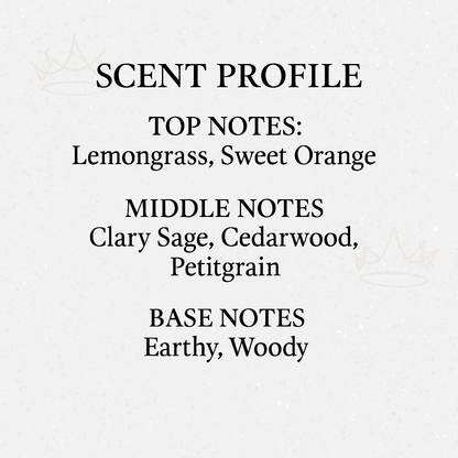 Text displaying a scent profile with top, middle, and base notes on a light gray background.