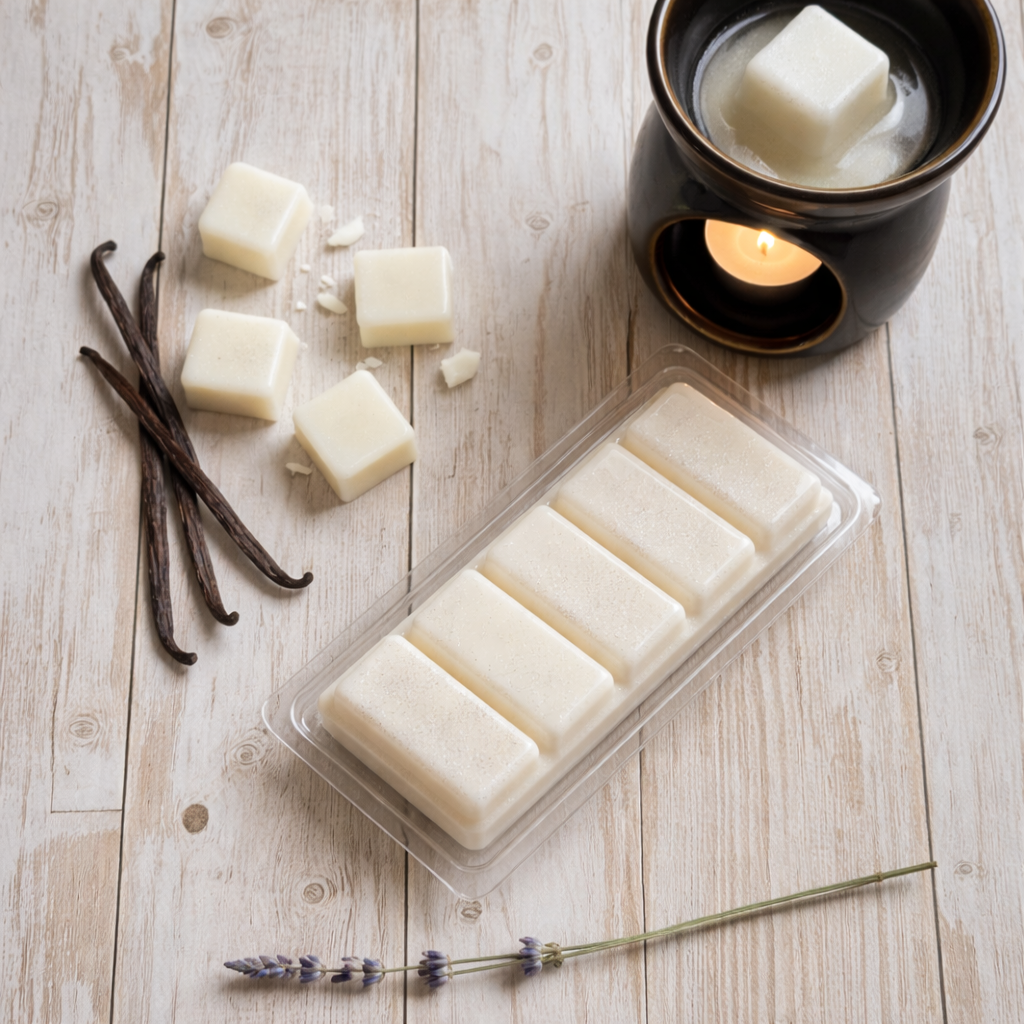 White wax melts in a clear container on a wooden surface with vanilla beans and lavender.