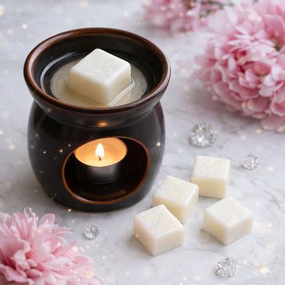 Black wax warmer with white wax melts and pink flowers on a light surface