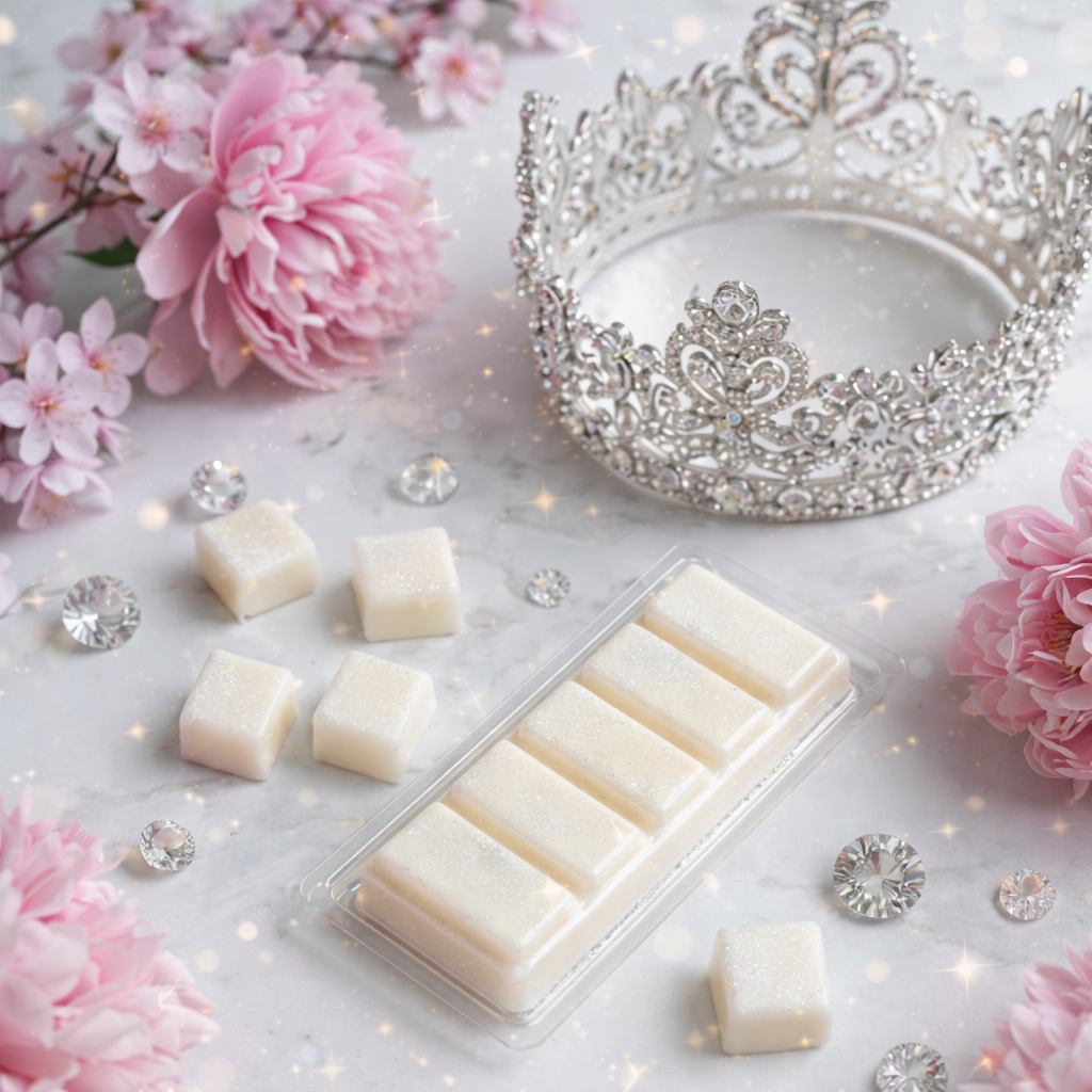 White bars of soap, a silver tiara, and pink flowers on a light surface.