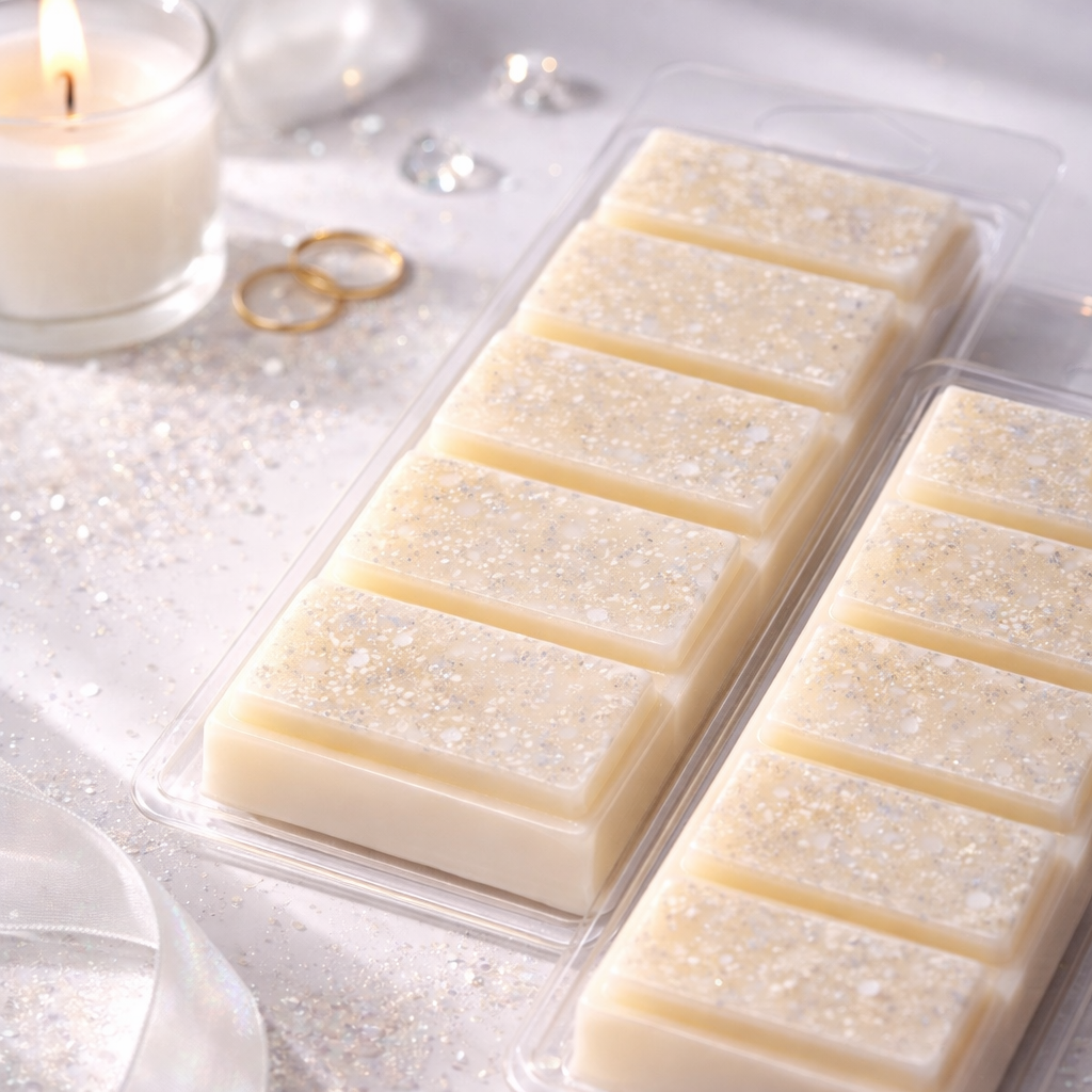 Packaged soap bars with a candle and rings on a decorative surface