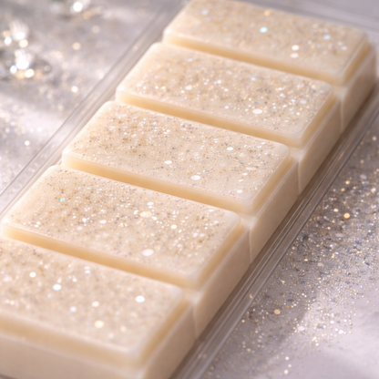 Four rectangular soap bars with glittery texture in a clear container on a reflective silver surface.