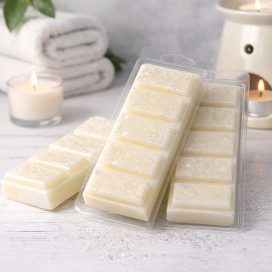 Packaged wax melts on a light surface with candles and towels in the background