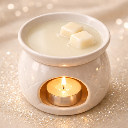 White ceramic wax warmer with two wax melts and a lit candle on a glittery background