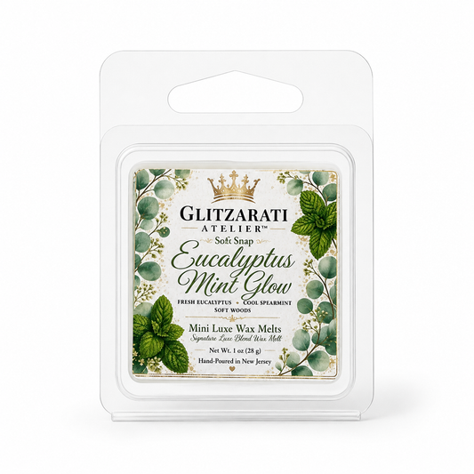Eucalyptus Mint Glow | Signature Luxe Blend Wax Melt | Fresh Eucalyptus, Cool Spearmint & Soft Woods | 1 oz Clamshell | Glitzarati Atelier™