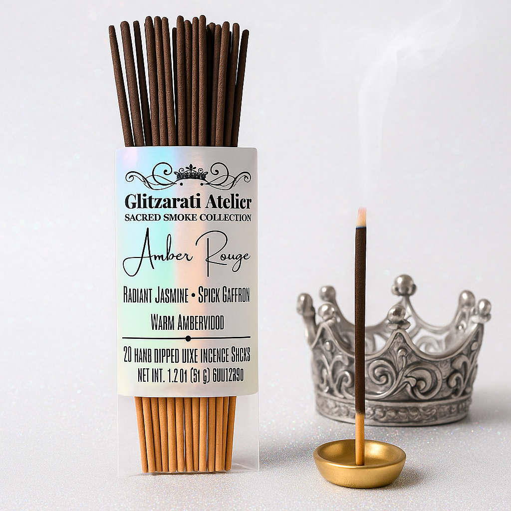 Incense sticks with packaging and a decorative holder on a light background