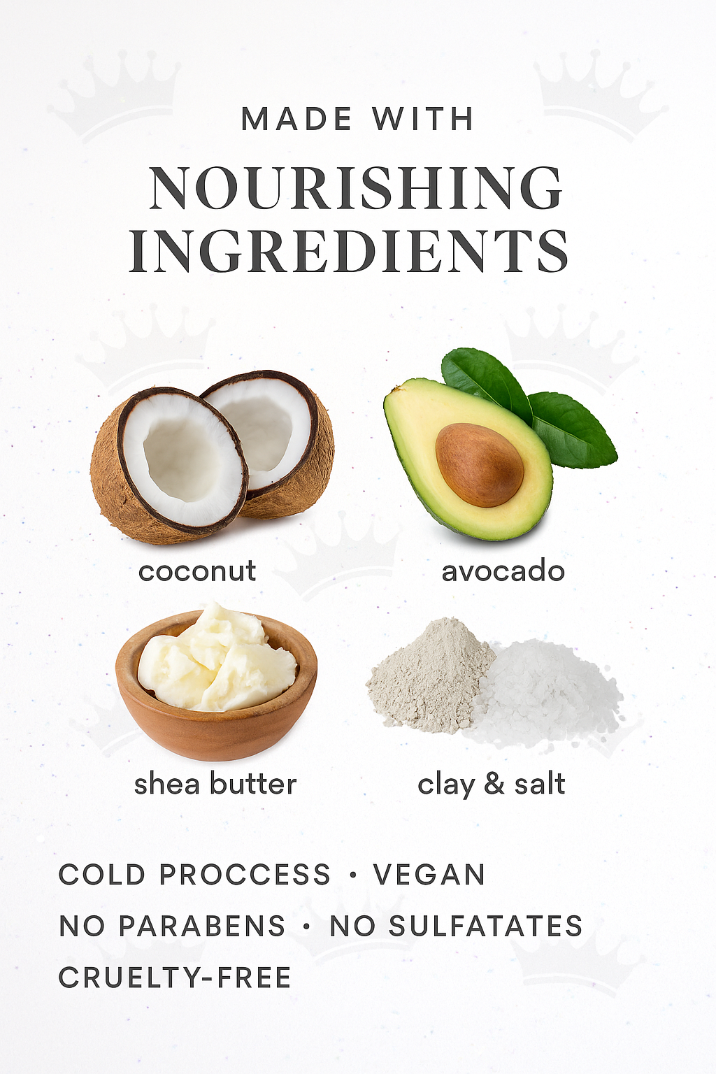 Nourishing ingredients including coconut, avocado, shea butter, clay, and salt on a white background with text about product properties.