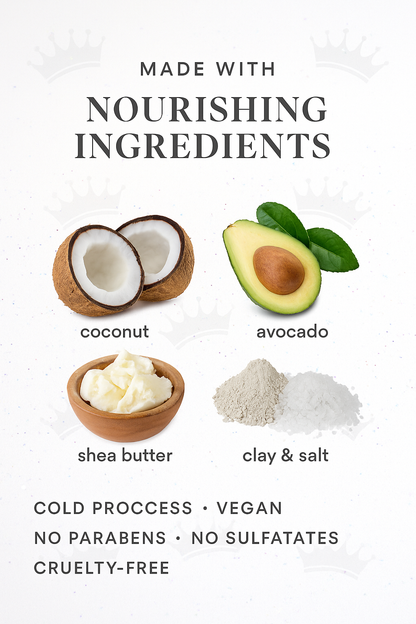 Nourishing ingredients including coconut, avocado, shea butter, clay, and salt on a white background with text about product properties.