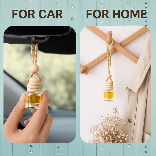 Car and home diffuser hanging from a rope with a wooden bead, displayed in two settings.