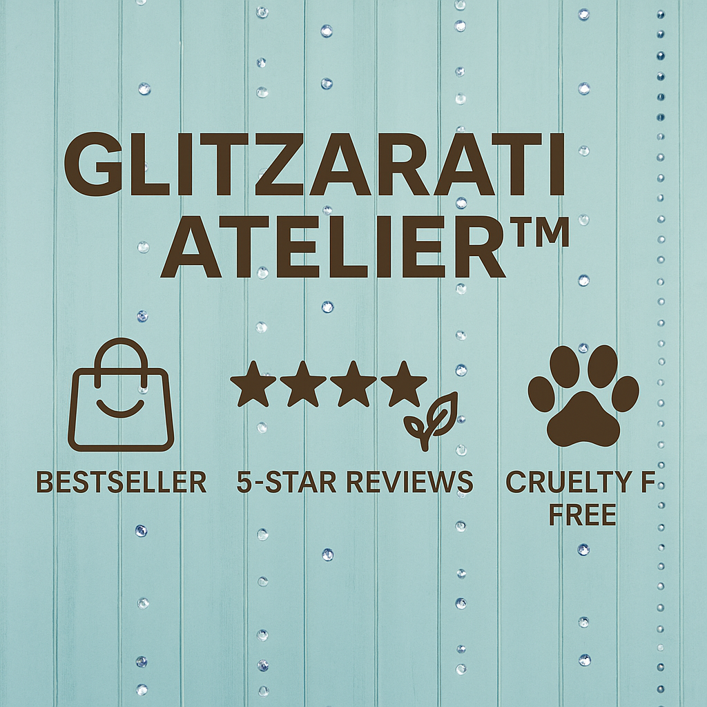 Glitzarati Atelier branding with icons and text on a light blue background