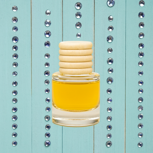 Glass bottle with yellow liquid and wooden discs on a blue background with decorative elements