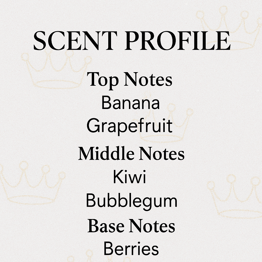 Text displaying a scent profile with top, middle, and base notes on a light background.