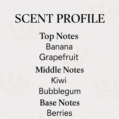Text displaying a scent profile with top, middle, and base notes on a light background.