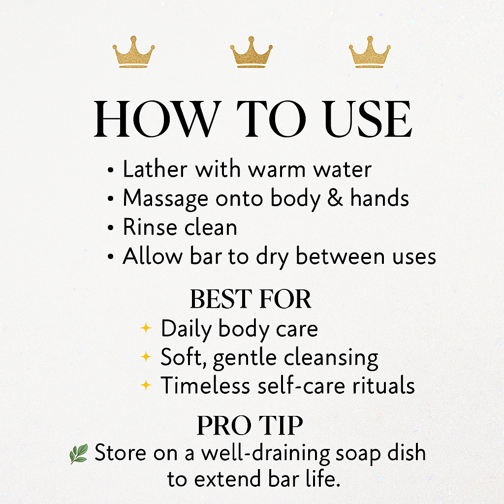 Instructions on how to use a soap bar with decorative elements on a light background