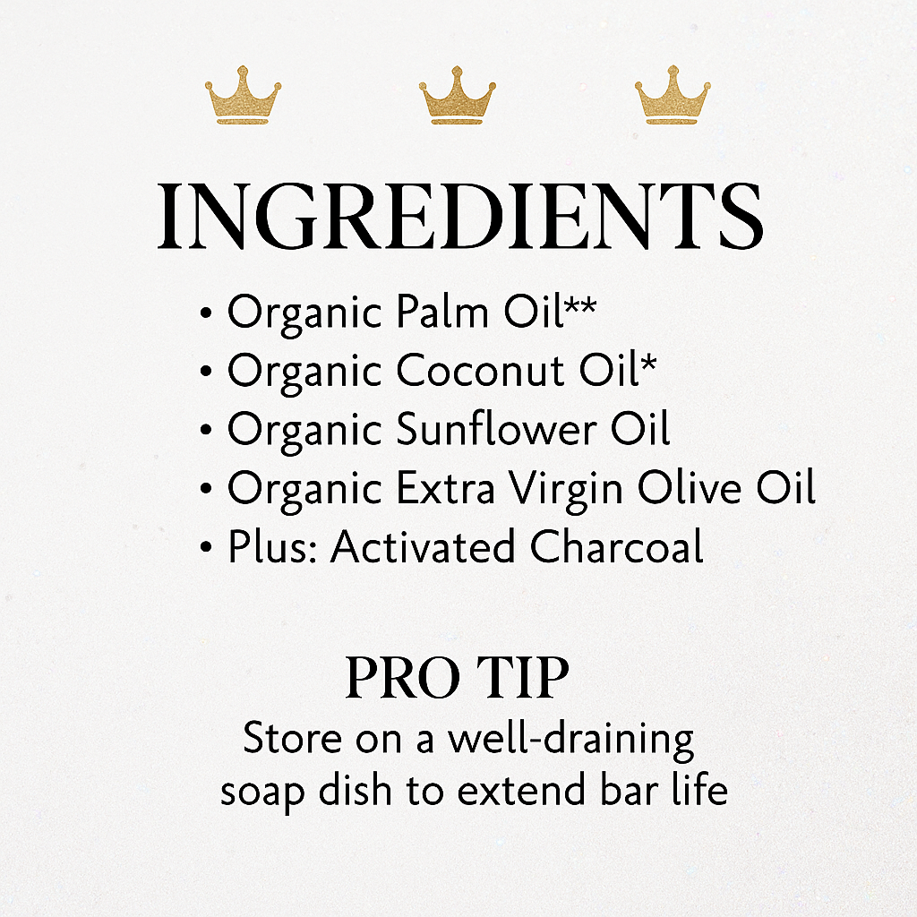 List of ingredients for a soap bar with organic oils and activated charcoal, and a pro tip on storage.