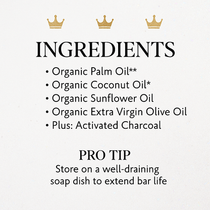 List of ingredients for a soap bar with organic oils and activated charcoal, and a pro tip on storage.