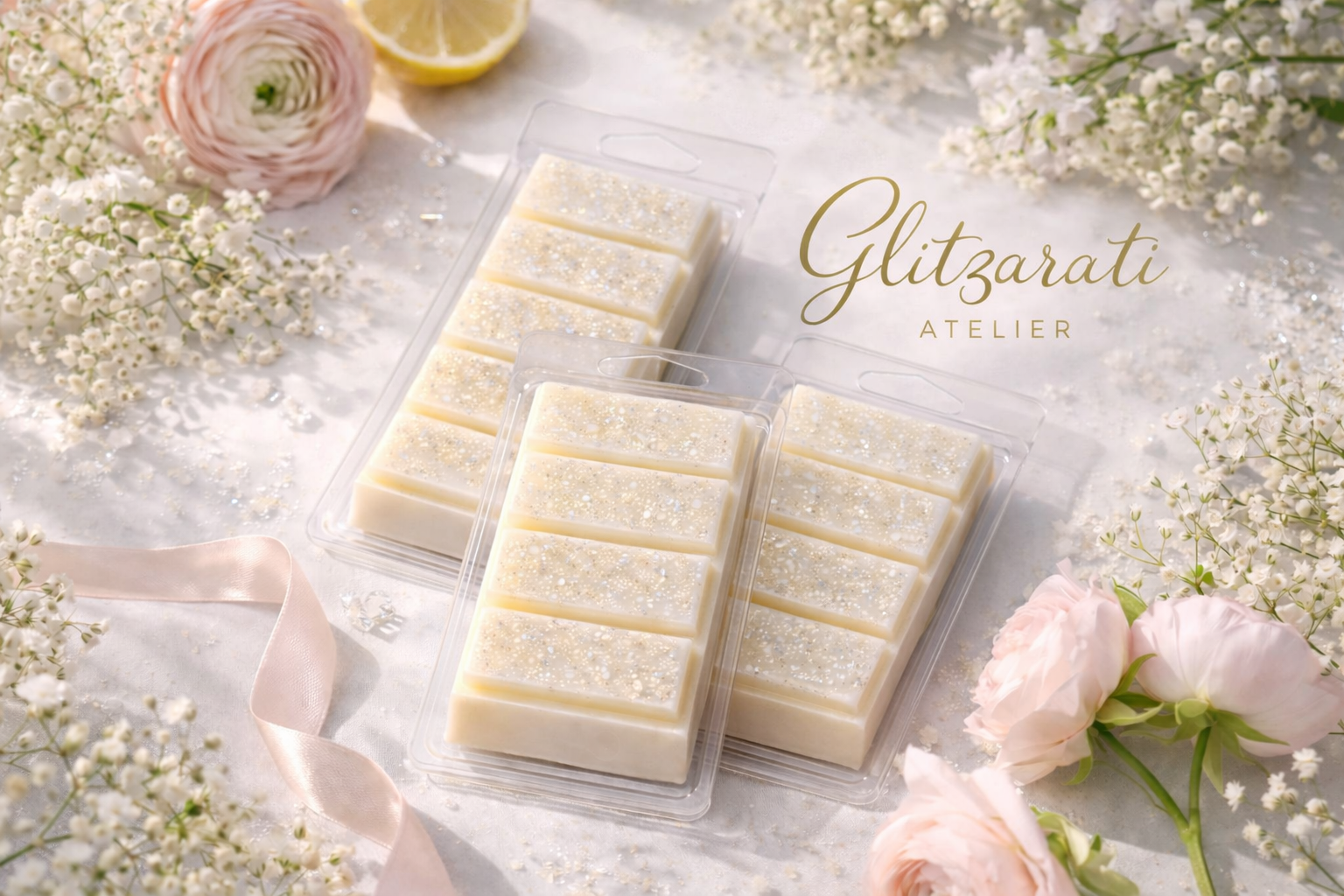 Packaged soap bars with flowers and 'Glitzerati Atelier' branding on a light background