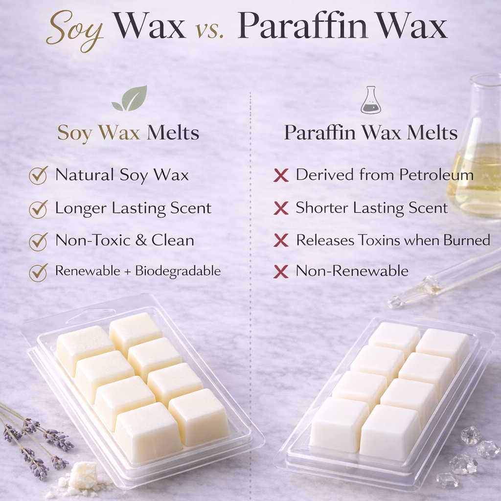 Comparison chart of soy wax and paraffin wax with images and text on a light background.