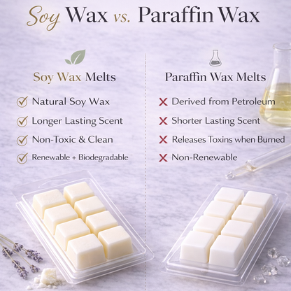 Comparison chart of soy wax and paraffin wax with images and text on a light background.