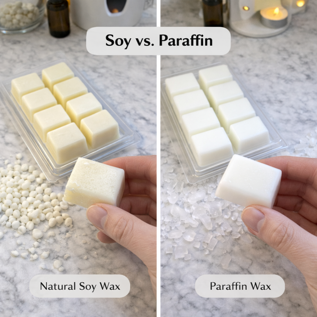 Comparison of natural soy wax and paraffin wax with hands holding each type.