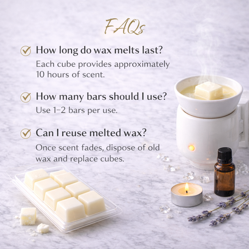 Wax melts with a diffuser, candles, and lavender on a marble surface with FAQs text.
