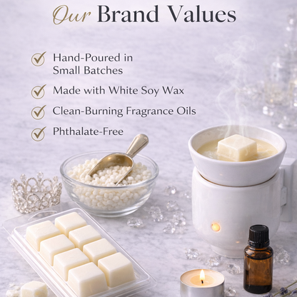 White soy wax melts, a diffuser, and lavender on a light gray background with brand values text.