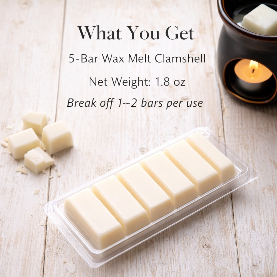 Packaged wax melts with a candle on a wooden surface
