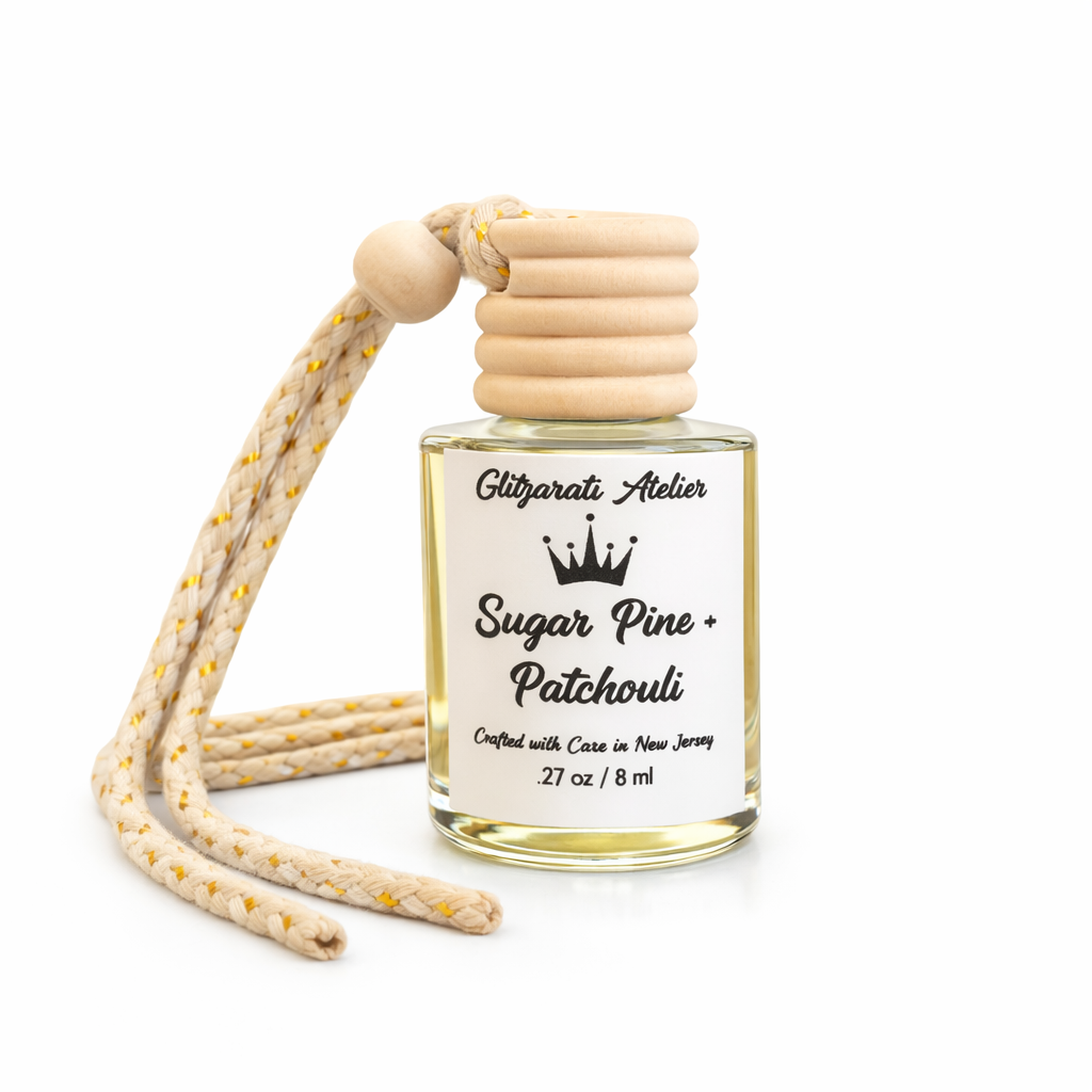 Sugar Pine + Patchouli  | Luxe Hanging Car Diffuser | Fresh Evergreen & Earthy Patchouli | Refillable Glass Car Freshener