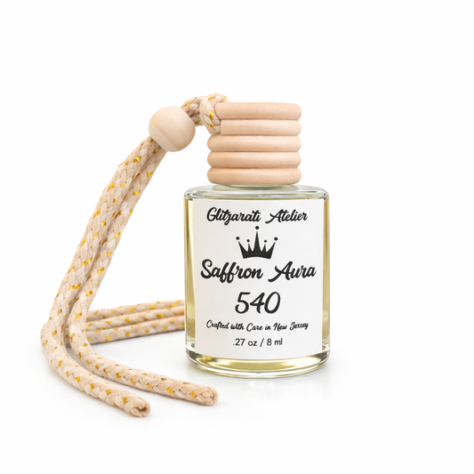 Saffron Aura 540 | Luxe Hanging Car Diffuser | Warm Saffron, Amber & Soft Woods | Refillable Glass Car Freshener