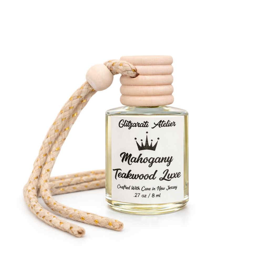 Mahogany Teakwood Luxe | Luxe Hanging Car Diffuser | Warm Woods & Soft Musk | Refillable Glass Car Freshener