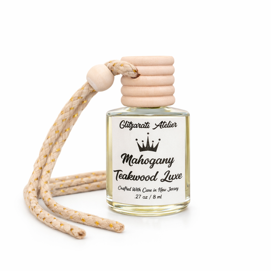Mahogany Teakwood Luxe | Luxe Hanging Car Diffuser | Warm Woods & Soft Musk | Refillable Glass Car Freshener