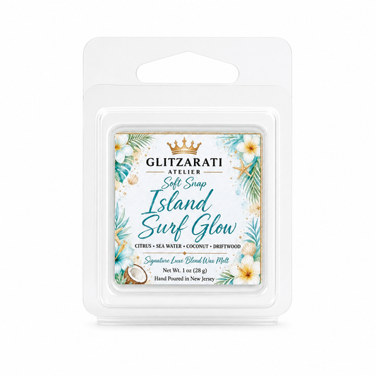 Island Surf Glow | Signature Luxe Blend Wax Melt | Citrus, Sea Water, Coconut & Driftwood | 1 oz Clamshell | Glitzarati Atelier™