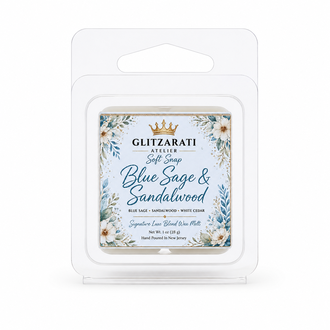 Blue Sage & Sandalwood | Signature Luxe Blend Wax Melt | Blue Sage, Sandalwood, Lime & Amber | 1 oz Clamshell | Glitzarati Atelier™