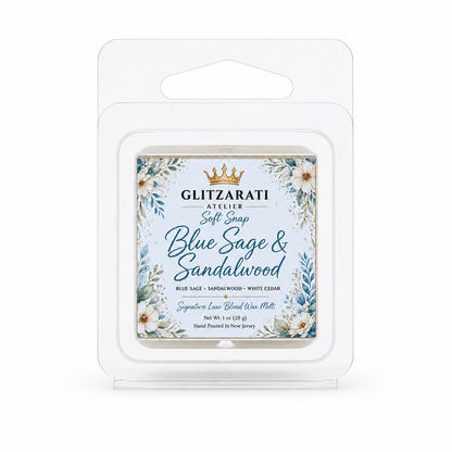 Blue Sage & Sandalwood | Signature Luxe Blend Wax Melt | Blue Sage, Sandalwood, Lime & Amber | 1 oz Clamshell | Glitzarati Atelier™