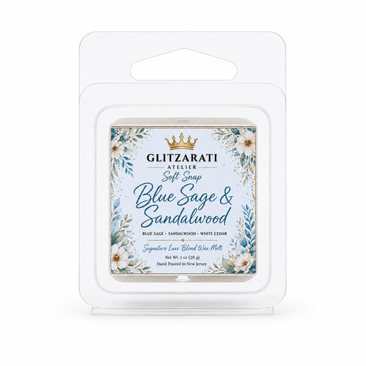 Blue Sage & Sandalwood | Signature Luxe Blend Wax Melt | Blue Sage, Sandalwood, Lime & Amber | 1 oz Clamshell | Glitzarati Atelier™
