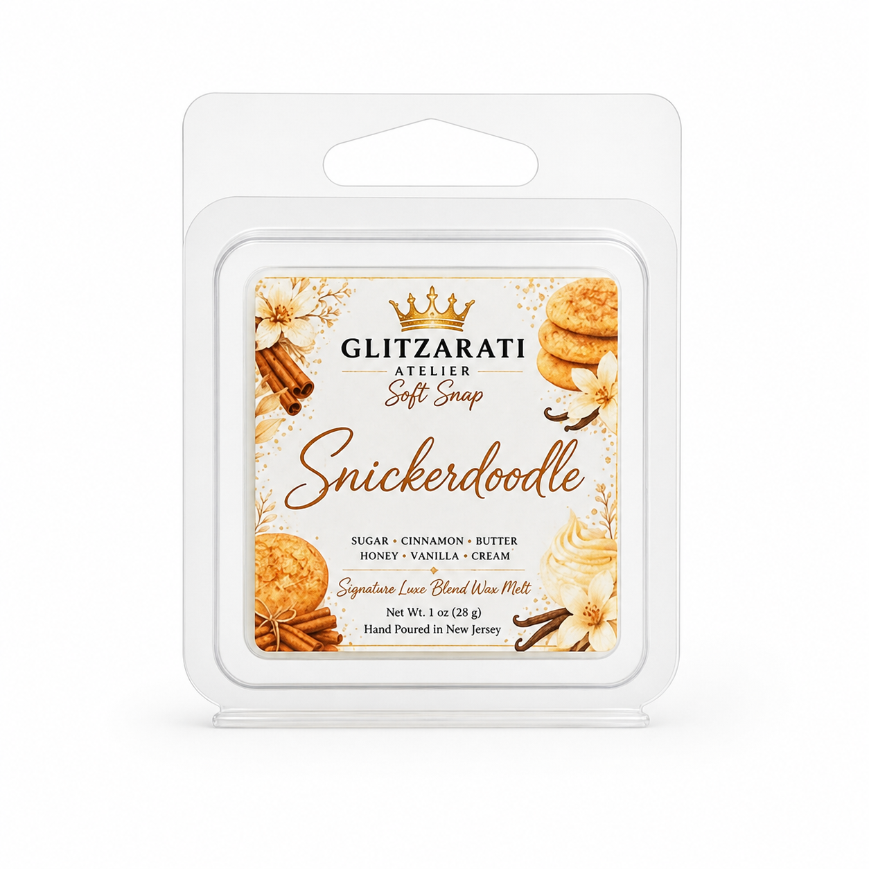 Snickerdoodle | Signature Luxe Blend Wax Melt | Cinnamon Sugar, Warm Butter & Creamy Vanilla | 1 oz Clamshell | Glitzarati Atelier™